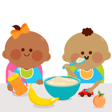 Babies eating their breakfast of cereal and fruits. Vector illustration
