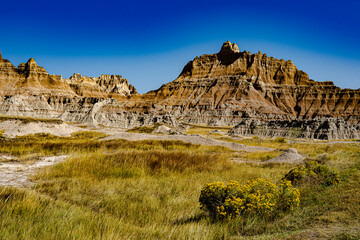 Towering rock formations typical of the Badlands landscape and geology