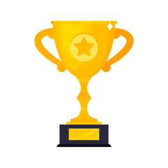 Win golden award trophy goblet cup icon sign flat style design vector illustration isolated on white background.