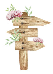 Watercolor wooden arrows sign with flowers