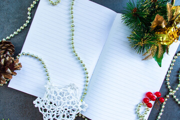 Happy New Year. Holiday Decoration or postcard concept with flat lay copy space