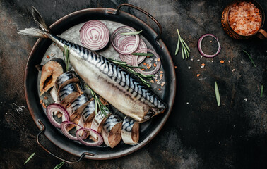 Marinated mackerel or herring fish with greens and onion. Mediterranean food, appetizer, seafood,...