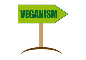 Icono de cartel con flecha de vegano con hojas verdes en fondo blanco.