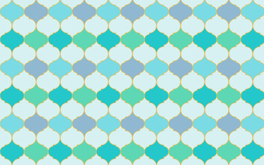 モロッカンスタイルのグリーンパターン、薄青背景