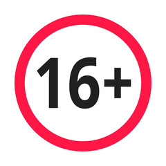 Under 16 forbidden round icon sign vector illustration. Sixteen or older persons adult content 16 plus only rating isolated on white background.
