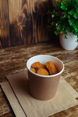 Close-up of chicken nuggets Fast food in batter. Meal preparation restaurants and cafes. Classic American cuisine concept.