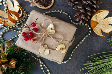 Happy New Year. Holiday Decoration or postcard concept with flat lay copy space