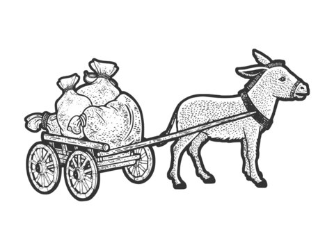 donkey with cart loaded with grain bags sketch engraving vector illustration. T-shirt apparel print design. Scratch board imitation. Black and white hand drawn image.