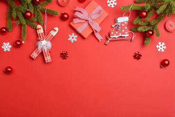 Christmas composition. Happy New Year and Merry Christmas. A festive table with gifts.