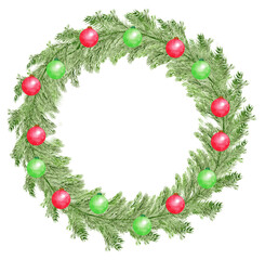 Fototapeta na wymiar Traditional watercolor christmas pine tree wreath with red and green balls
