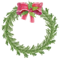 Traditional watercolor christmas pine tree wreath with red baw