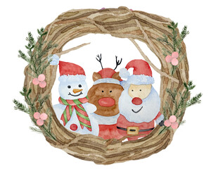Traditional watercolor christmas wreath with dry branches and Santa Claus, snowman and a deer decor