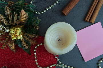 Happy New Year. Holiday Decoration or postcard concept with flat lay copy space