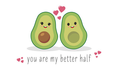 Cartoon avocado couple. Illustration with love message.