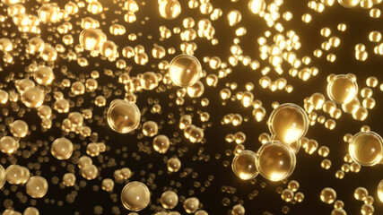 Macro shot of various Golden bubbles in water rising up on light background. Beauty glossy bubble blobs or drops 3D Rendering 6k.