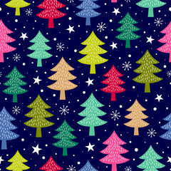 Colorful pine tree, snowflake and star seamless pattern.