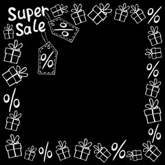 Vector frame on theme of black Friday, shopping, discounts and sales. Border made from hand drawn outline gifts, percents, price tags, inscriptions in doodle style