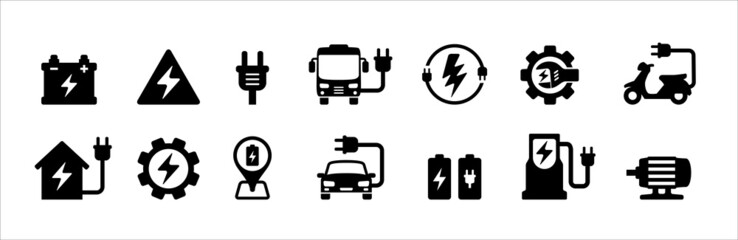 Fototapeta Electric car, bus, motorcycle vector icon set. Renewable electric power vehicle icons illustration. Contain icon such as car, location symbol, motor, charging station, maintenance and repair obraz