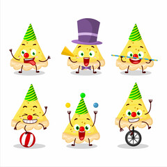 Cartoon character of slice of cheese tart with various circus shows