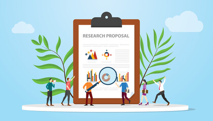 research proposal concept with people team analyze or analysis some data on paper document with modern flat style