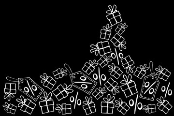 Backdrop with mountain made from hand drawn outline gifts, percents, price tags in doodle style. . Vector poster on theme of black Friday, shopping, discounts and sales