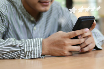 Customer Experience Concept, Best Excellent Services Rating for Satisfaction present by hand of Client pressing Five Star