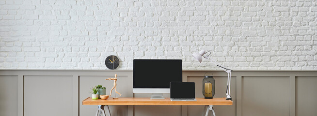 Modern working desk and wooden table design, computer and laptop style, home accessory, lamp and...