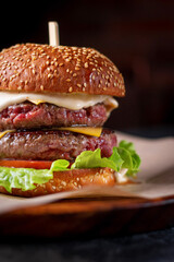 Double cheeseburger with tomato, onion, mustard and ketchup. Double Stack Steak Beef Burger