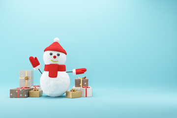 Snowman raise hands up with gift box on Blue background. Concept santa claus Christmas Festive. Minimal idea concept Christmas. 3D Render.