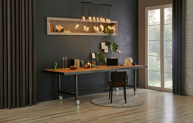 Modern wooden working table room, office, decorative curtain design and niche, luxury lamp, black...