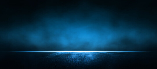 Asphalt blue dark street with smoke. Empty dark scene with neon light.Rays, spotlights light 