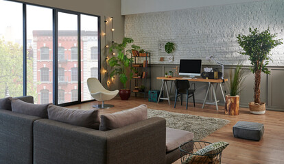 Close up corner of sofa and modern decorative living room background, wooden working table computer and chair, lamp home accessory style.