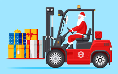 Santa Claus in Red Forklift Loaded with Gift Boxes