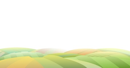 Rural hills with harvest of wheat and vegetables. Farm cute landscape. Funny cartoon design illustration. Flat style. Isolated on white background. Vector. © Ирина Мордвинкина