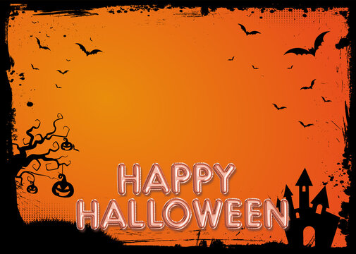 Halloween blank background with gradient orange grunge border, bat, pumpkin