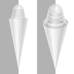 Ice cream cone with high domical transparent cover and eyelet. Blank vector realistic packaging mockup illustration.