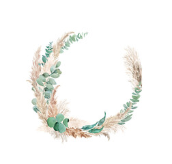 Pampas grass and eucalyptus watercolor wreath, round border . Boho floral neutral colors, sage frame. Botanical boho elements isolated on white. Bohemian style wedding invitation, greeting, card © TanyaOak