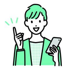 スマホを持って指を指す男性