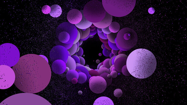 abstract tunnel made of purple bubbles. modern geometric design with colored circles. 3d rendering. 8k abstract picture