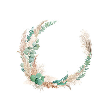 Pampas grass and eucalyptus watercolor wreath, round border . Boho floral neutral colors, sage frame. Botanical boho elements isolated on white. Bohemian style wedding invitation, greeting, card