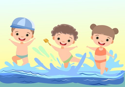 Children fun and splashing in water. Waves. Swimming, diving and water sports. Beach landscape. Illustration in cartoon style. Flat design. Vector art