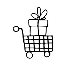 Vector outline Shopping cart with gift box. Hand drawn symbol and design element in doodle style on theme of black Friday, buys in shops, discounts, stocks, sales