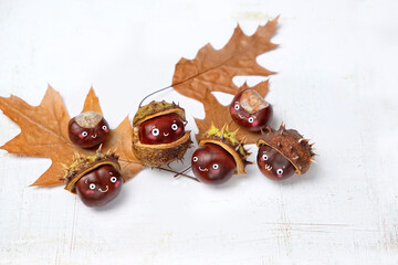cute chestnuts with smiling faces and autumn leaves on grey background. DIY idea for fall season....