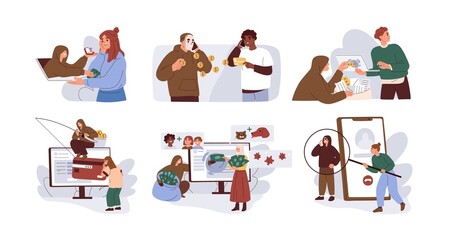 Internet fraud and scam concept. Online hackers at phishing, cyber crime, theft of personal data, password, bank information and money. Flat graphic vector illustration isolated on white background