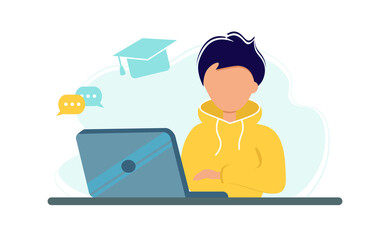 Online education during coronavirus outbreak concept. Boy studying with laptop and books. Stay at home. Self-isolation. Illustration in flat style