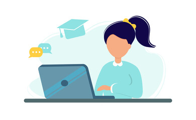 Fototapeta na wymiar Online education during coronavirus outbreak concept. Girl studying with laptop and books. Stay at home. Self-isolation. Illustration in flat style