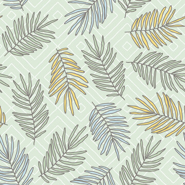 Seamless pattern with colorful hand-drawn palm leaves on green background. Tropical print.