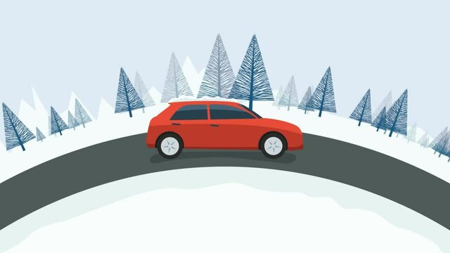 Red car trip on a snowy mountain road. Cartoon car. Looping footage 4k