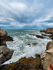 View on a cloudy day toward Sievers Point from the Cliff Path. Hermanus. Whale Coast. Overberg. Western Cape. South Africa
