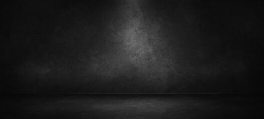 Dark black room with rough cement concrete floor and grunge wall background